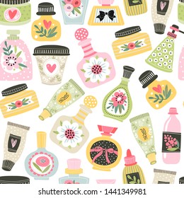 Seamless pattern with cosmetics in bottles and tubes. Cartoon style