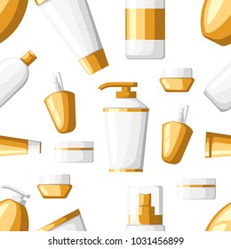 Seamless pattern of cosmetics containers tubes and bottles white and golden plastic containers bottles with spray vector illustration on white background web site page and mobile app design.
