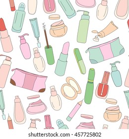 Seamless pattern with cosmetics, creams, lotions. 