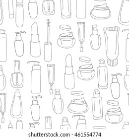 Seamless pattern with cosmetics, creams, lotions. Black and white