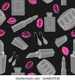 seamless pattern with cosmetics elements and lip prints, vector illustrations, for different design, wallpaper ornament, romantic wrapping paper