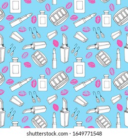 seamless pattern with cosmetics elements and lip prints, vector illustrations, for different design, wallpaper ornament, romantic wrapping paper