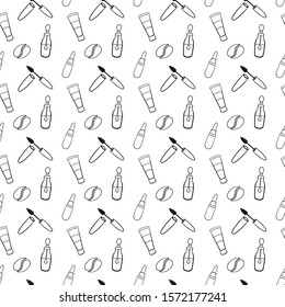 Seamless pattern with cosmetics elements. Patches, lipstick, mascara, serum, powder. Black line on white background. Vector version.
