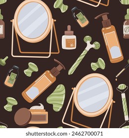 Seamless pattern with cosmetics for facial skin care. gua sha massager, mirror, oil. Great for scrapbooking, pattern, fabric, wallpaper
