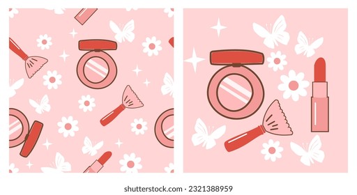 Seamless pattern with cosmetics items, blush on, lipstick, daisy flower and butterfly cartoons on pink background vector illustration. Cosmetic icon set.