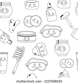 Seamless pattern of cosmetics kawaii outline. Vector