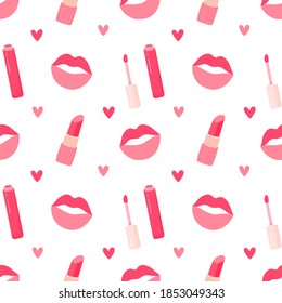 Seamless pattern cosmetics for lips makeup. Lipstick, lip gloss, kiss. Vector illustration.