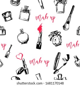 Seamless pattern with  cosmetics: lipstick, nail Polish, mascara, powder. The style is a sketch drawn by hand. Vector