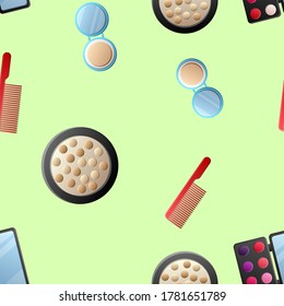 A seamless pattern of cosmetics with lipstick, nail polish, mascara, hairbrush, face cream, eye shadow, perfume, hair dryer.