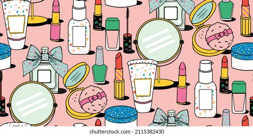 seamless pattern with cosmetics: lipstick,mascara, cream, powder, mirror, nail polish