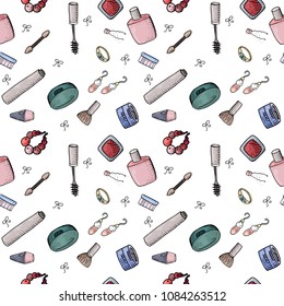 Seamless pattern with cosmetics, makeup. Endless texture with  fashion theme.