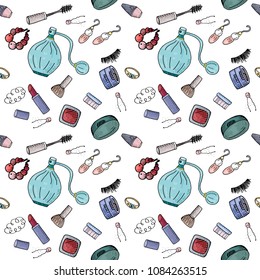 Seamless pattern with cosmetics, makeup. Endless texture with  fashion theme.