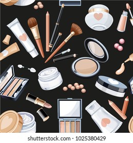 Seamless pattern from cosmetics objects pencil, brush, blush, lipstick, mascara on a black beauty background
