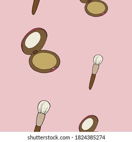 Seamless pattern cosmetics on pink background. Powder and make up brush. Fashion pattern
