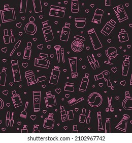 Seamless pattern with cosmetics, perfume, mirror, lipstick, mascara. Background for fabric. Patterns and hairdressing objects.