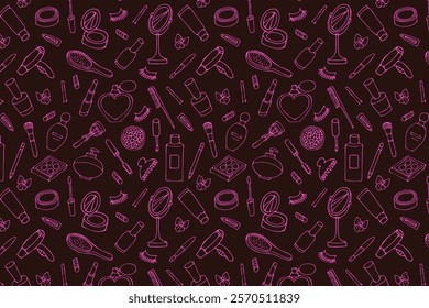 seamless pattern with cosmetics and perfumes, hand-drawn on a dark background.