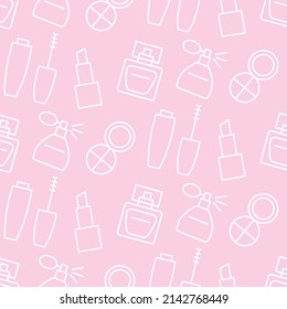 Seamless pattern with cosmetics products, fashion make-up tools icons. Cosmetic shop, beauty salon, makeup packaging. Brushes, powder palettes, lipstick, mascara vector illustrations