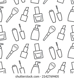 Seamless pattern with cosmetics products, fashion makeup. Cosmetic shop, beauty salon, face care. Brushes, lipstick, nail polish vector illustrations