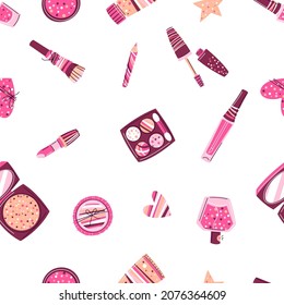 Seamless pattern with cosmetics for skincare and makeup. Illustration for advertising. Beauty and fashion items.