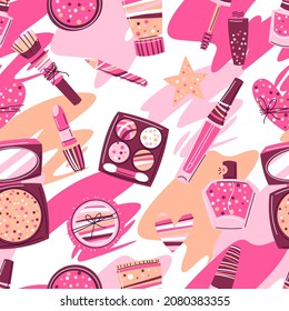 Seamless pattern with cosmetics for skincare and makeup. Illustration for advertising. Beauty and fashion items.
