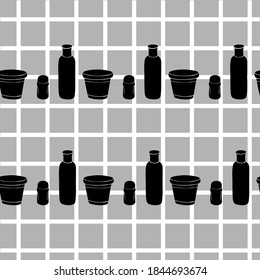 Seamless pattern of cosmetics vials, black bottles, on gray squares, doodle style, print, decoration, wallpaper, gift paper, aroma, for clothes, fabric, background, fabric, flasks, flat style, cute