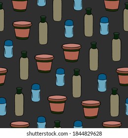 Seamless pattern of cosmetics vials, black bottles,gray background, flat style, print, decoration, wallpaper, gift paper, aroma, for clothes, fabric, background, fabric, flasks, cartoon style, cute