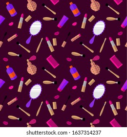  Seamless pattern: cosmetics and women's accessories on a purple background. 