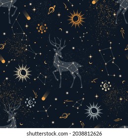 Seamless pattern with cosmic deers. Design for card, fabric, print, greeting, cloth, poster, clothes, textile.