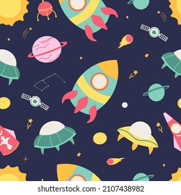 Seamless pattern with cosmic elements. Ship, rocket, flying saucer, planet, sun, constellation, galaxy, asteroid. Colorful and bright colors. Vector flat cartoon style. backgrounds, prints, decor