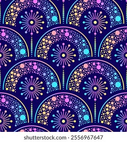 Seamless pattern with cosmic gradient dandelions and rainbows.