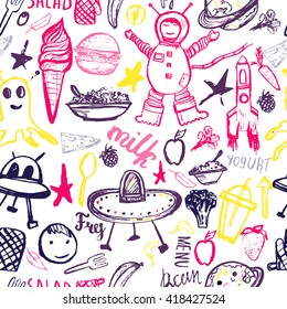 Seamless pattern Cosmic Kids. Cute colorful hand drawn vector kids menu template  with monsters,astronaut, UFOs. 