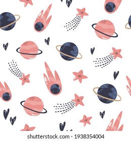 Seamless pattern with cosmic objects planets, stars, comets. Vector illustration for different designs, gift boxes, prints, wallpaper, wrapping paper