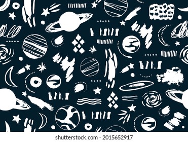 Seamless pattern with cosmic objects planets, stars, comets. Vector illustration for different designs, gift boxes, prints, wallpaper, wrapping paper.