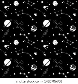 Seamless pattern. Cosmic objects set. Hand drawn vector doodles. Rockets planets constellations ufo stars satellite, etc. Space collection.