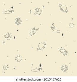 Seamless pattern. Cosmic objects set. Hand drawn vector doodles. Esoteric symbols. Space collection