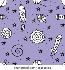 Seamless pattern. Cosmic objects set. Hand drawn vector doodles. Planets constellations ufo stars satellite, etc. Space collection. Printing on wallpaper. Vector Illustration. eps 10