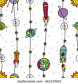 Seamless pattern. Cosmic objects set. Hand drawn vector doodles. Planets constellations ufo stars satellite, etc. Space collection. Printing on wallpaper. Vector Illustration. eps 10