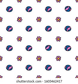 Seamless pattern with Cosmic objects. Vector illustration of Outer Space. Hand drawn doodle style. Comet, rocket, stars, planets, meteor. Pattern with white background.  Bright colors