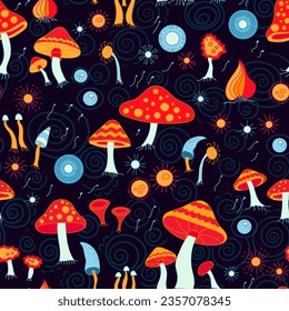 Seamless pattern Cosmic Psychedelia, psy mushrooms, amanita, bionic circle fly in cosmic, vivid, trippy, dreamy, imagination. Colors - red, blue, orange, dark background.