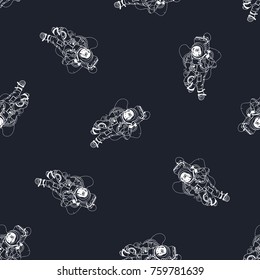 Seamless pattern with cosmonaut hand drawn with white lines on black background. Backdrop with astronaut in outer space. Monochrome vector illustration for textile print, wallpaper, wrapping paper.