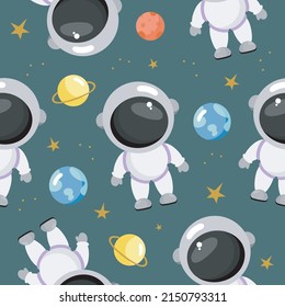 Seamless Pattern with Cosmonaut, Planets, Stars. Vector illustration. For greeting card, posters, banners, the card, printing on the pack, printing on clothes, fabric, wallpaper.