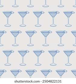 Seamless pattern of cosmopolitan cocktail with lime wedge. Line art, retro. Vector illustration for bars, cafes, and restaurants.