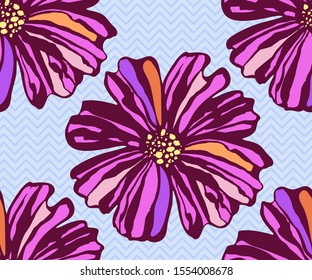 Seamless pattern with Cosmos bipinnatus. Hand drawing decorative background. Vector pattern. Print for textile, cloth, wallpaper, scrapbooking