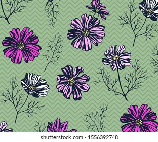 Seamless pattern with Cosmos bipinnatus. Hand drawing decorative background. Vector pattern. Print for textile, cloth, wallpaper, scrapbooking