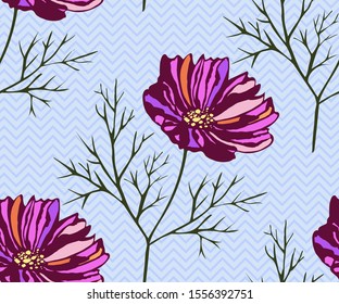 Seamless pattern with Cosmos bipinnatus. Hand drawing decorative background. Vector pattern. Print for textile, cloth, wallpaper, scrapbooking