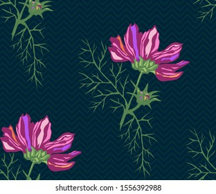 Seamless pattern with Cosmos bipinnatus. Hand drawing decorative background. Vector pattern. Print for textile, cloth, wallpaper, scrapbooking