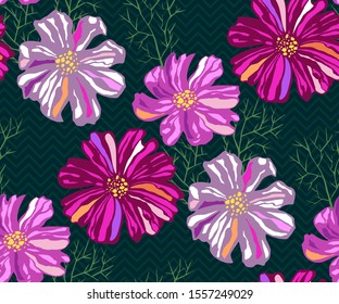 Seamless pattern with Cosmos bipinnatus. Hand drawing decorative background. Vector pattern. Print for textile, cloth, wallpaper, scrapbooking
