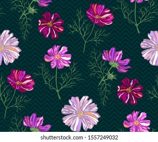 Seamless pattern with Cosmos bipinnatus. Hand drawing decorative background. Vector pattern. Print for textile, cloth, wallpaper, scrapbooking