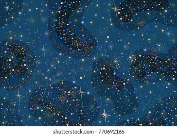 Seamless pattern with cosmos and colorful stars of blue, yellow, red, orange colors. Vector Illustration