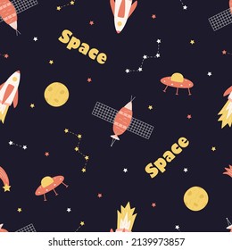 El doodle Cosmos de patrones sin foco es un conjunto de ilustraciones vectoriales. Iconos de elementos espaciales cohetes estrellas cosmonautas cometa telescopio por satélite